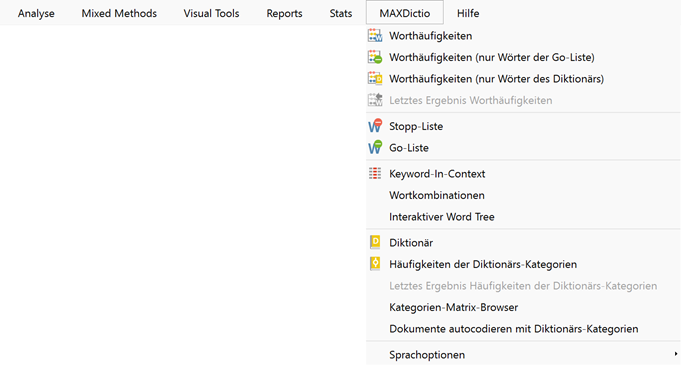 Das MAXDictio-Menü im Hauptmenü von MAXQDA Das MAXDictio-Menü im Hauptmenü von MAXQDA