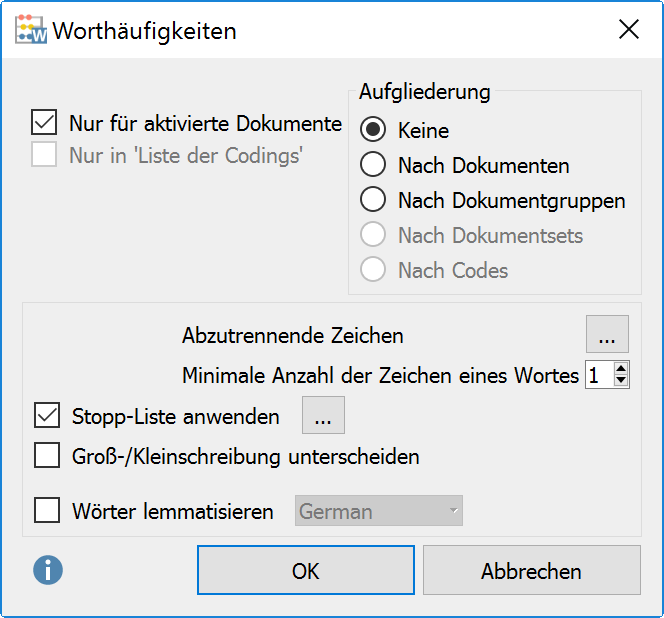 Das Dialogfenster der Funktion „Worthäufigkeiten“ Das Dialogfenster der Funktion „Worthäufigkeiten“