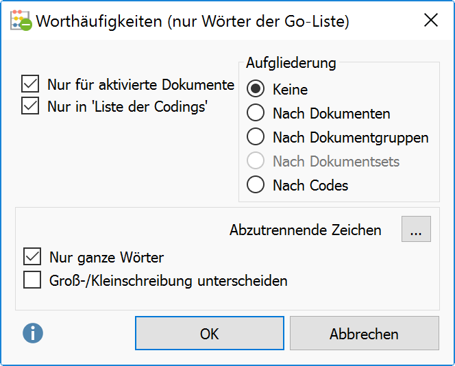 Optionsdialog für die Funktion Worthäufigkeiten (nur Wörter der Go-Liste) Optionsdialog für die Funktion Worthäufigkeiten (nur Wörter der Go-Liste)
