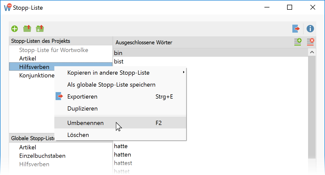 Funktionen für eine Stopp-Liste im Kontextmenü Funktionen für eine Stopp-Liste im Kontextmenü