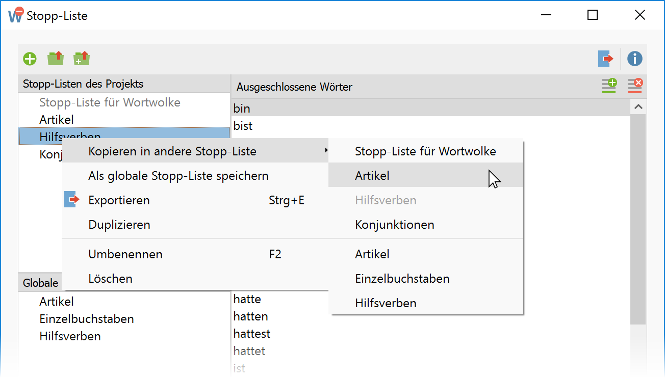 Wörter einer Stopp-Liste in eine andere Stopp-Liste kopieren Wörter einer Stopp-Liste in eine andere Stopp-Liste kopieren