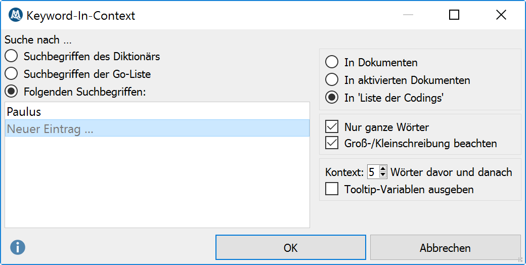 Optionen festlegen für die Suche nach Keywords Optionen festlegen für die Suche nach Keywords