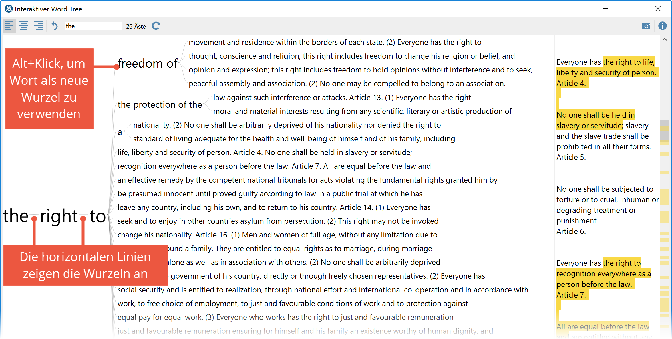 Veränderte Ansicht des Word Trees: die aktuelle Wurzel ist jetzt „the right to“ Veränderte Ansicht des Word Trees: die aktuelle Wurzel ist jetzt „the right to“