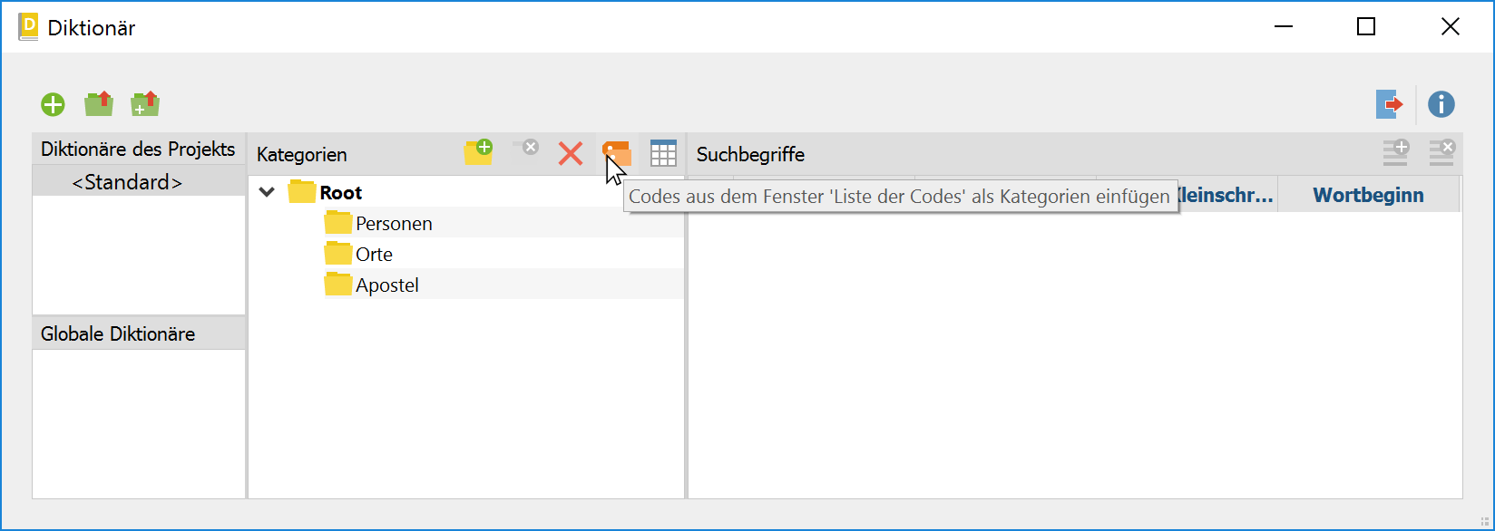 Codes aus dem Fenster „Liste der Codes“ als Kategoriennamen einfügen Codes aus dem Fenster „Liste der Codes“ als Kategoriennamen einfügen