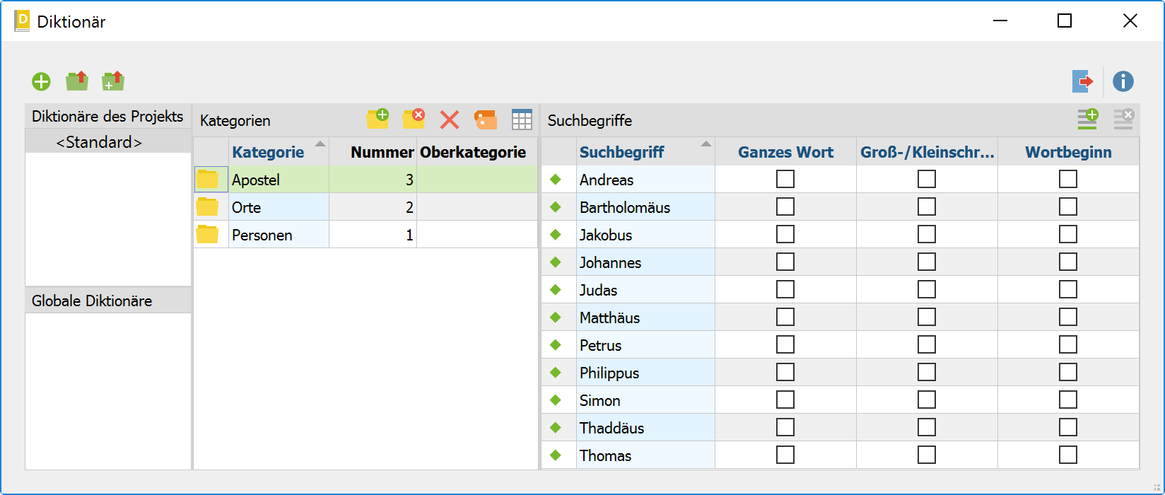 Suchbegriffe einer Kategorie im rechten Teil des Dialogfensters „Diktionär“ Suchbegriffe einer Kategorie im rechten Teil des Dialogfensters „Diktionär“