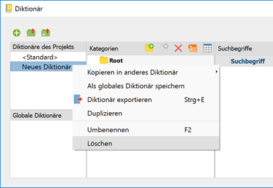Funktionen für ein Diktionär im Kontextmenü Funktionen für ein Diktionär im Kontextmenü