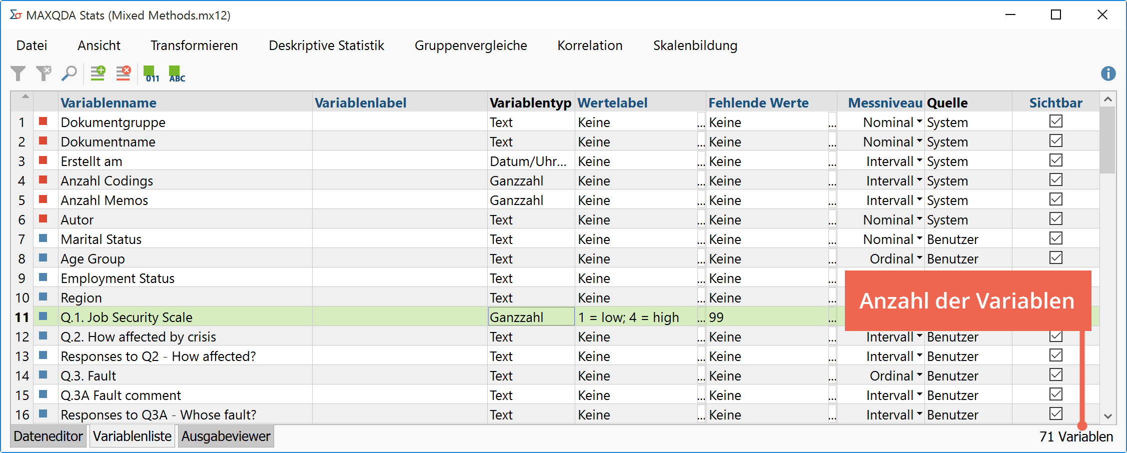 Die Variablenliste in MAXQDA Stats Die Variablenliste in MAXQDA Stats