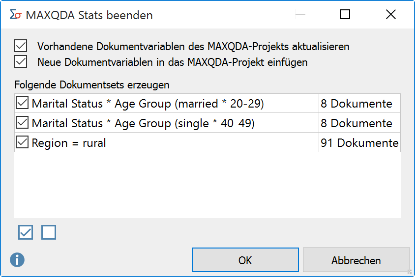 Optionsdialog beim Beenden von MAXQDA Stats Optionsdialog beim Beenden von MAXQDA Stats