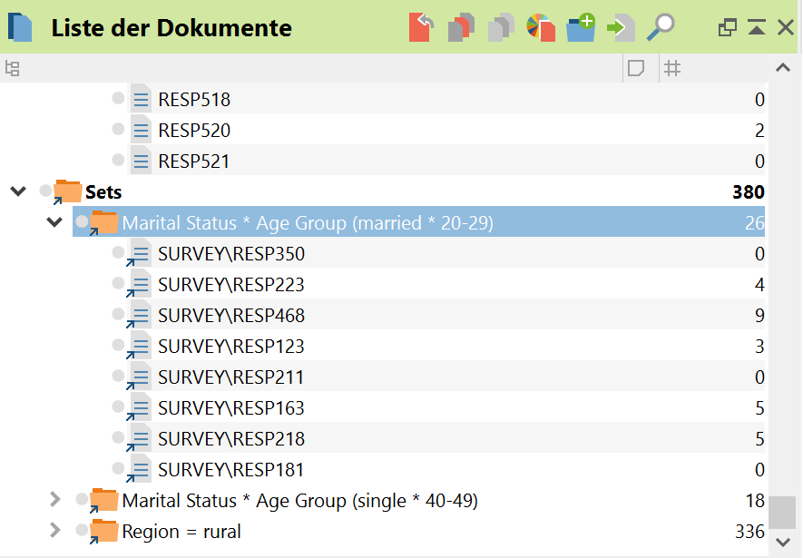 Erstellte Dokumentsets in der „Liste der Dokumente“ des MAXQDA-Projekts Erstellte Dokumentsets in der „Liste der Dokumente“ des MAXQDA-Projekts