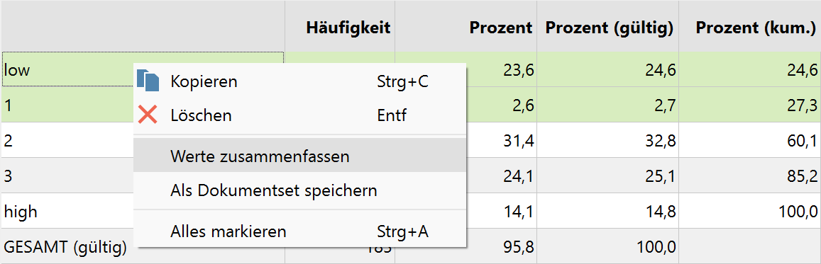 Mehrere Werte zusammenfassen mithilfe des Kontextmenüs Mehrere Werte zusammenfassen mithilfe des Kontextmenüs