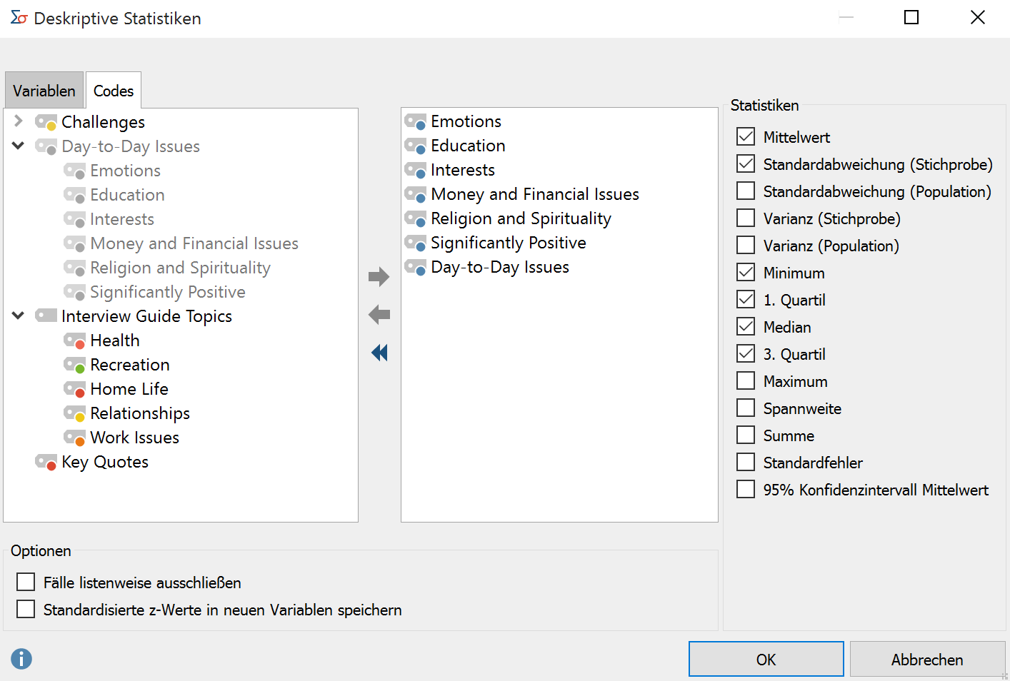 Variablen, Codes und Optionen für die deskriptive Statistik auswählen Variablen, Codes und Optionen für die deskriptive Statistik auswählen