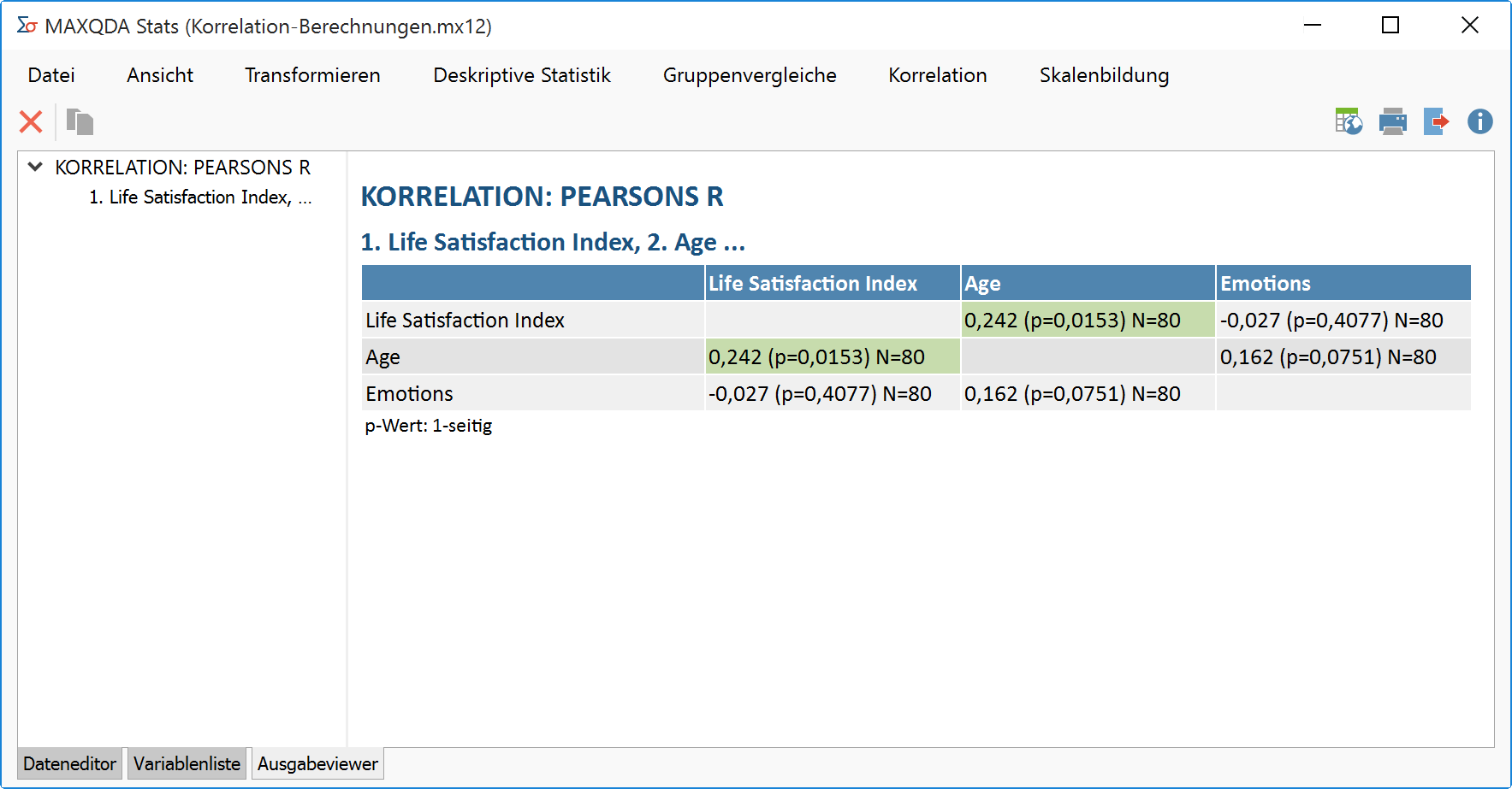 Ergebnistabelle für Korrelationen im Ausgabeviewer Ergebnistabelle für Korrelationen im Ausgabeviewer