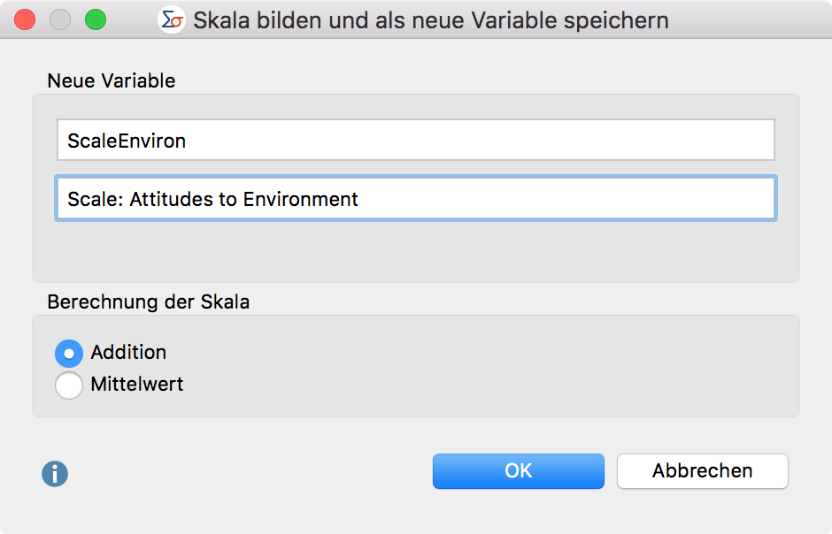 Variablenname und Variablenlabel sowie Art der Berechnung für neue Variable festlegen Variablenname und Variablenlabel sowie Art der Berechnung für neue Variable festlegen
