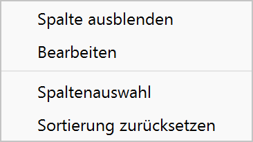 Kontextmenü auf einer Spaltenüberschrift Kontextmenü auf einer Spaltenüberschrift
