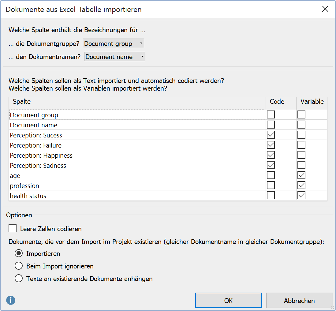 Einstellungen für den Import von Dokumenten aus einer Excel-Tabelle Einstellungen für den Import von Dokumenten aus einer Excel-Tabelle