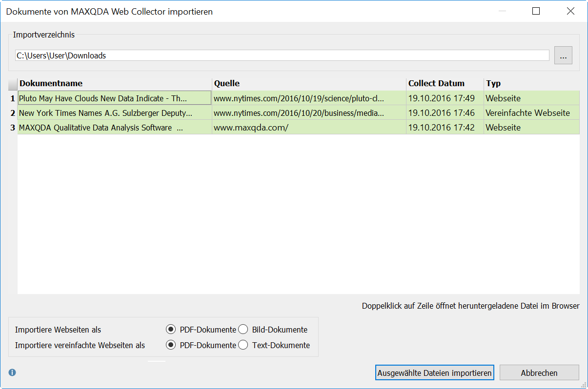 Dialog für den Import von Dokumenten, die mit dem Web Collector gespeichert wurden Dialog für den Import von Dokumenten, die mit dem Web Collector gespeichert wurden