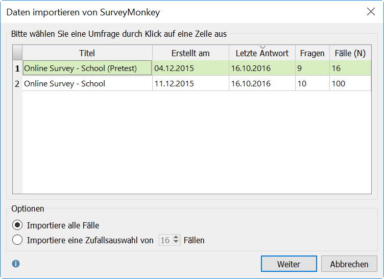 Dialog zur Auswahl der zu importierenden Umfrage Dialog zur Auswahl der zu importierenden Umfrage