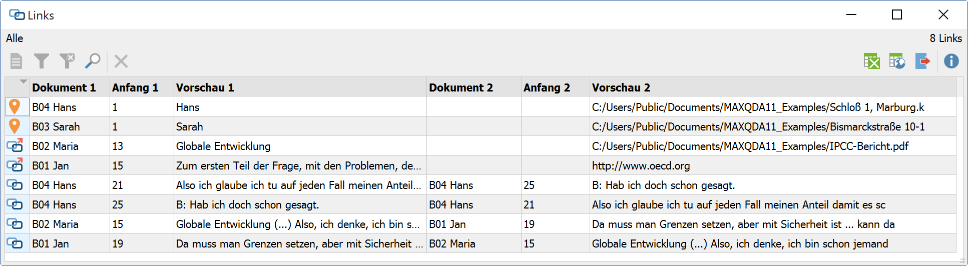 Funktion „Übersicht Links“ für ein Projekt Funktion „Übersicht Links“ für ein Projekt