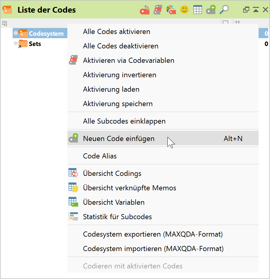 Neuen Code mithilfe des Kontextmenüs einfügen Neuen Code mithilfe des Kontextmenüs einfügen