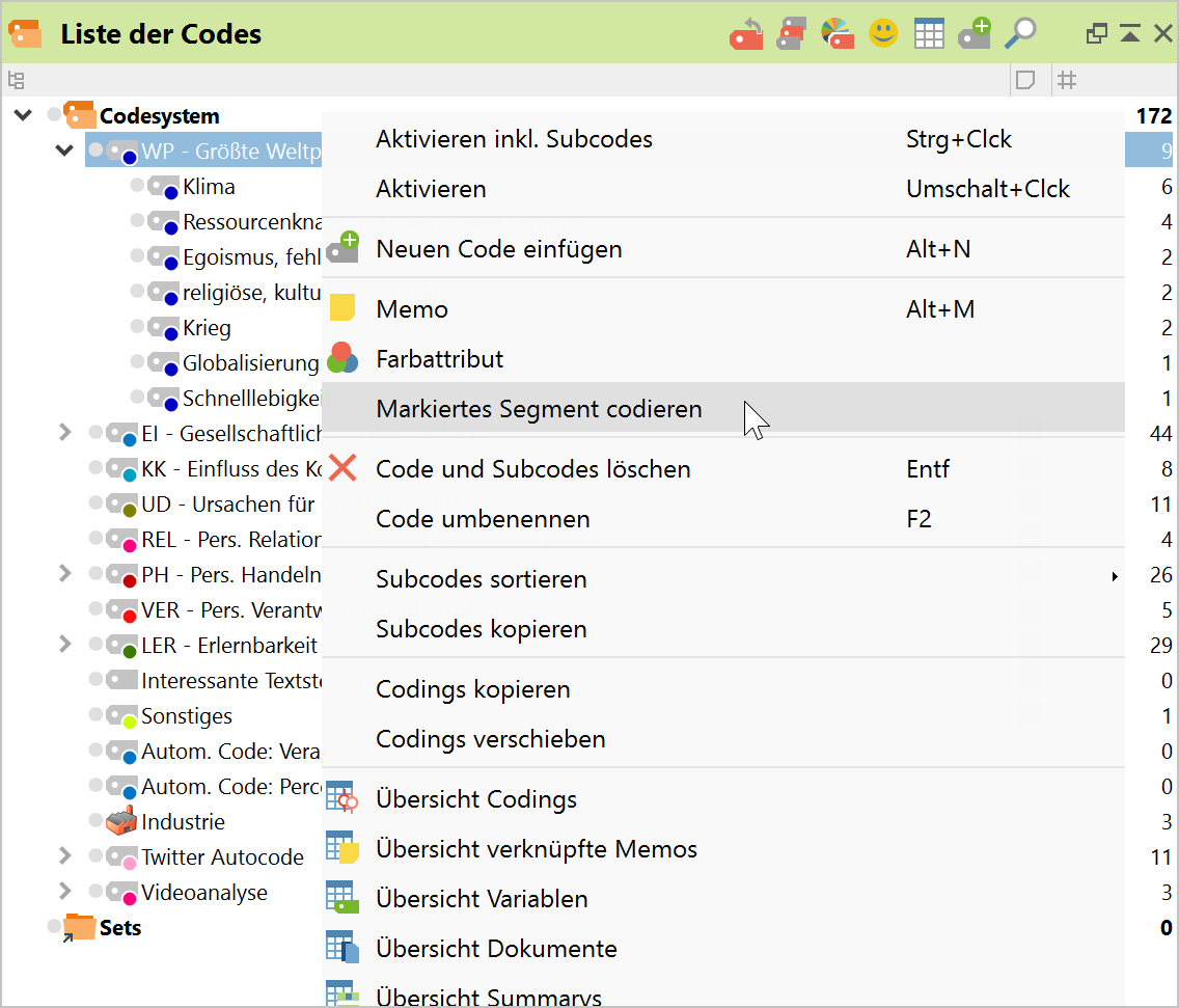 Per Kontextmenü in der „Liste der Codes“ codieren Per Kontextmenü in der „Liste der Codes“ codieren