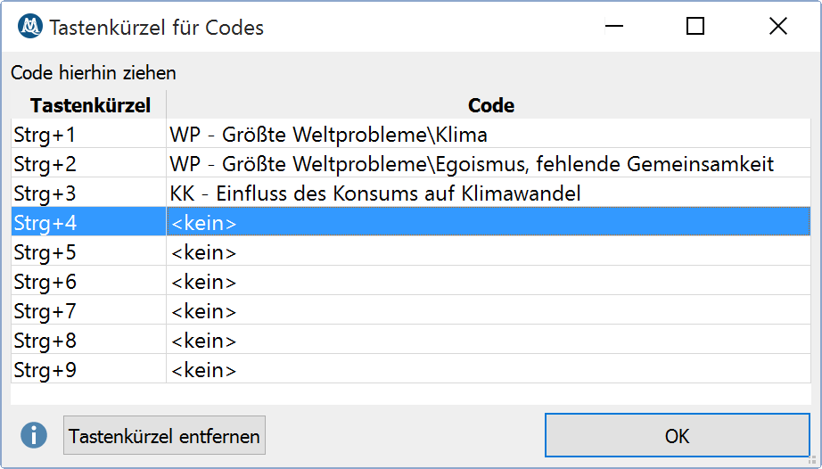 Das Fenster „Tastenkürzel für Codes“ Das Fenster „Tastenkürzel für Codes“