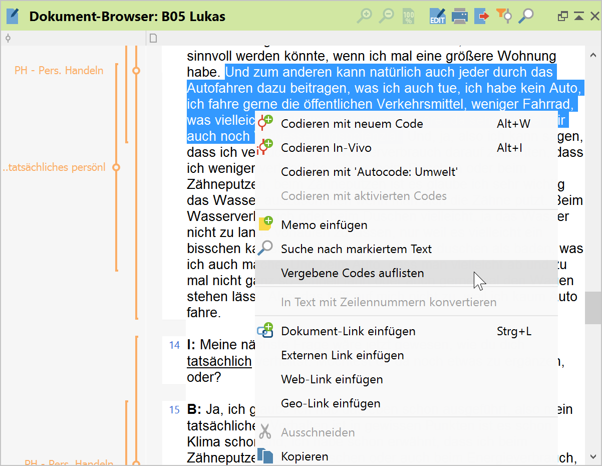 Funktion „Zugeordnete Codes anzeigen“ im Kontextmenü eines markierten Textes Funktion „Zugeordnete Codes anzeigen“ im Kontextmenü eines markierten Textes