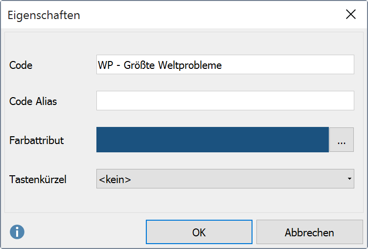 Eigenschaftsfenster für einen Code Eigenschaftsfenster für einen Code
