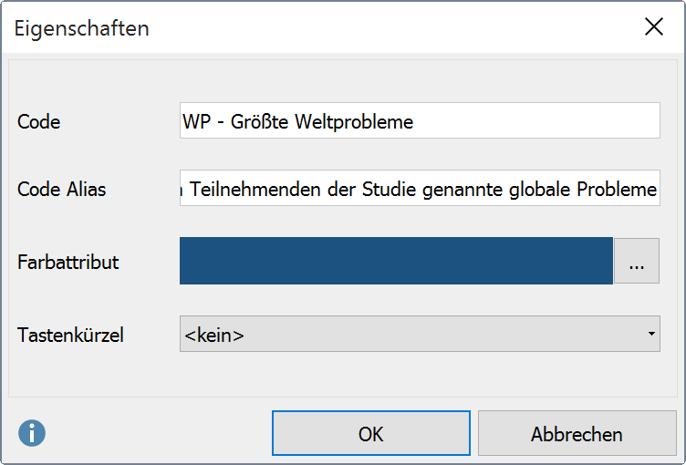 Code Alias für Code im Fenster „Code-Eigenschaften“ vergeben Code Alias für Code im Fenster „Code-Eigenschaften“ vergeben