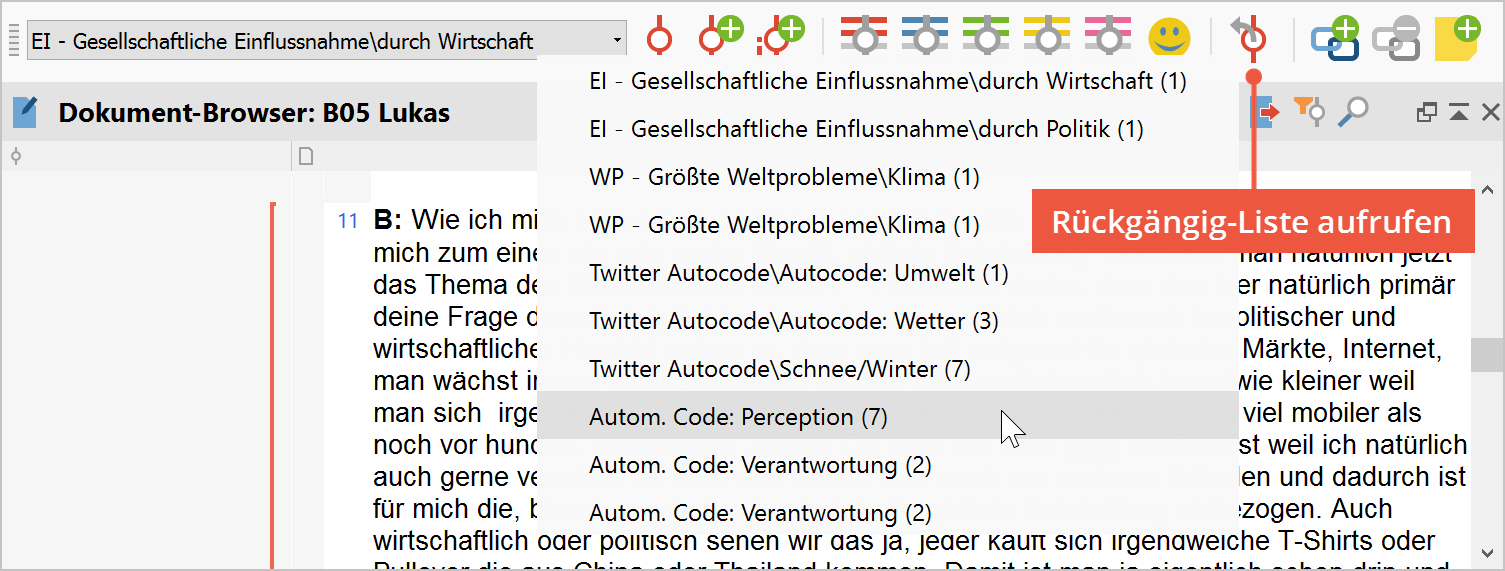 Rückgängig-Liste in der Symbolleiste „Codieren“ Rückgängig-Liste in der Symbolleiste „Codieren“