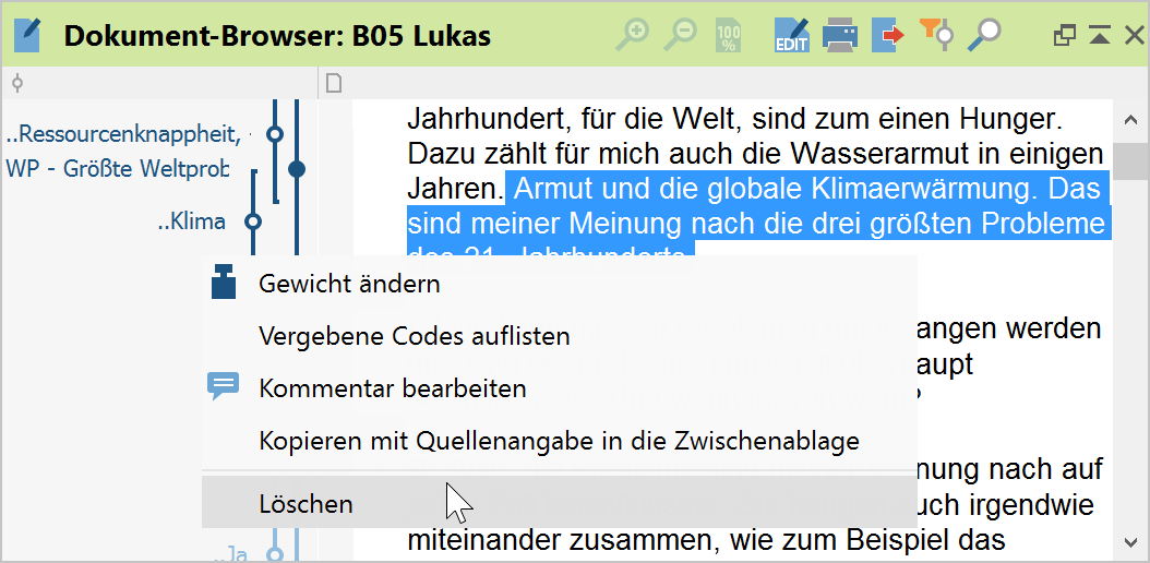 Codierung löschen im Fenster „Dokument-Browser“ Codierung löschen im Fenster „Dokument-Browser“