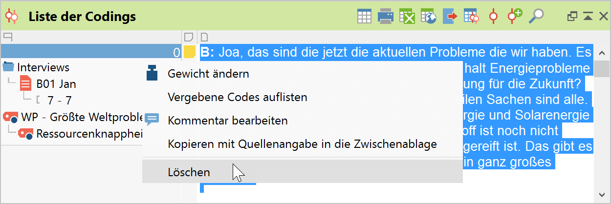 Codierung löschen im Fenster „Liste der Codings“ Codierung löschen im Fenster „Liste der Codings“