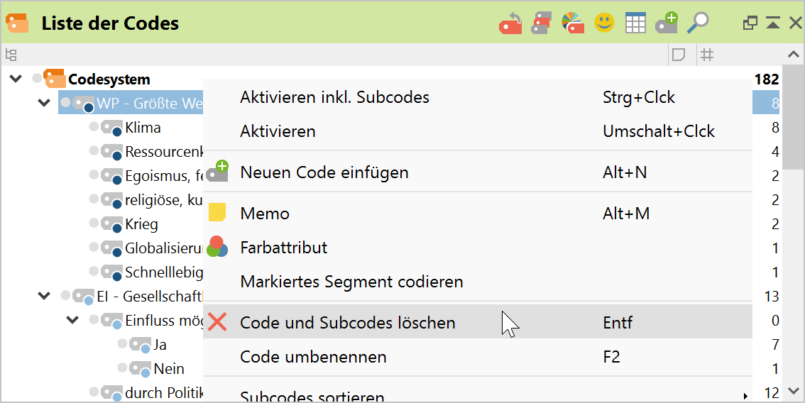 Löschen eines Codes mithilfe des Kontextmenüs Löschen eines Codes mithilfe des Kontextmenüs