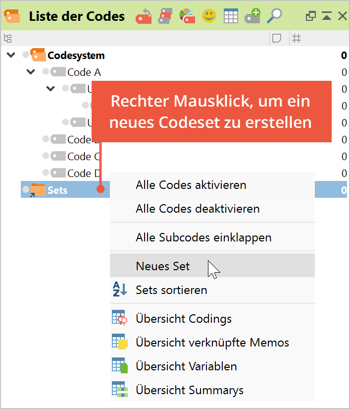 Neues Set erstellen in der „Liste der Codes“ Neues Set erstellen in der „Liste der Codes“
