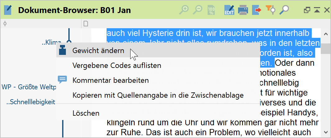 Relevanzscore per Kontextmenü im Text-Fenster ändern Relevanzscore per Kontextmenü im Text-Fenster ändern