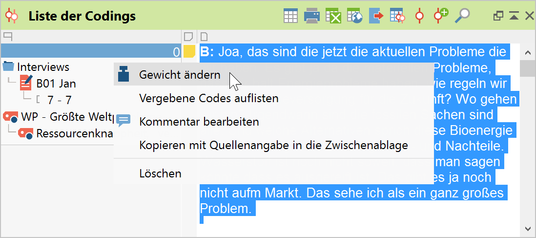 Relevanzscore per Kontextmenü im Fenster „Liste der Codings“ ändern Relevanzscore per Kontextmenü im Fenster „Liste der Codings“ ändern