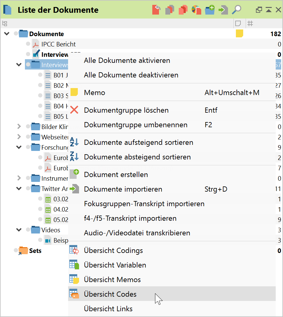 Die „Übersicht Codes“ im Kontextmenü einer Dokumentgruppe aufrufen Die „Übersicht Codes“ im Kontextmenü einer Dokumentgruppe aufrufen