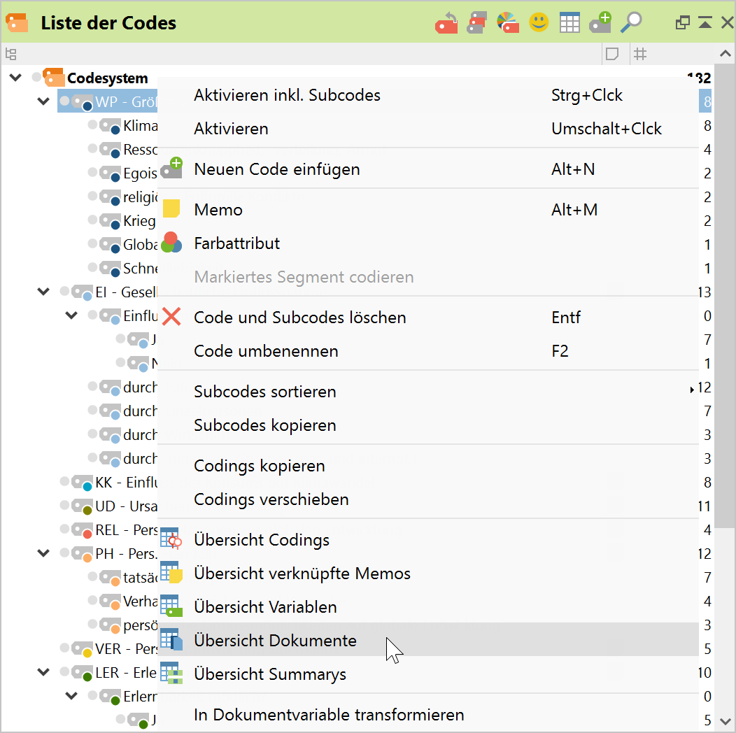 Die „Übersicht Dokumente“ im Kontextmenü der „Liste der Codes“ aufrufen Die „Übersicht Dokumente“ im Kontextmenü der „Liste der Codes“ aufrufen