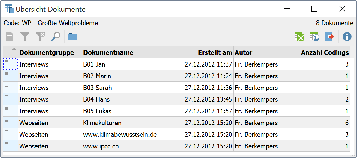 „Übersicht Dokumente“ für einen Code „Übersicht Dokumente“ für einen Code