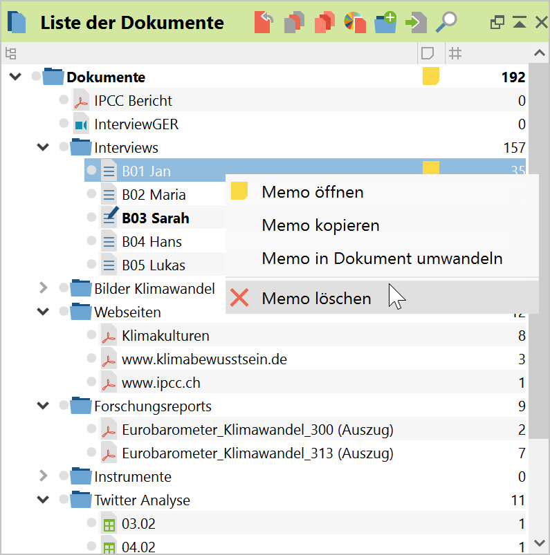 Memo löschen per Kontextmenü Memo löschen per Kontextmenü