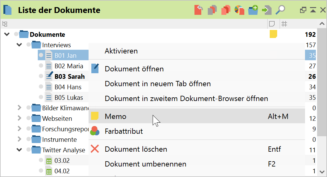 Per Kontextmenü ein neues Memo für ein Dokument erstellen Per Kontextmenü ein neues Memo für ein Dokument erstellen