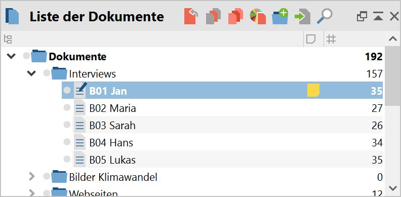 Visualisierung eines Memos im Fenster „Liste der Dokumente“ Visualisierung eines Memos im Fenster „Liste der Dokumente“