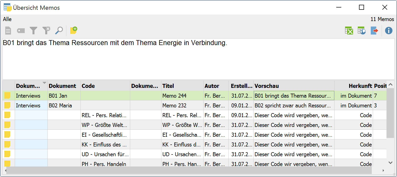 Die „Übersicht Memos“ Die „Übersicht Memos“