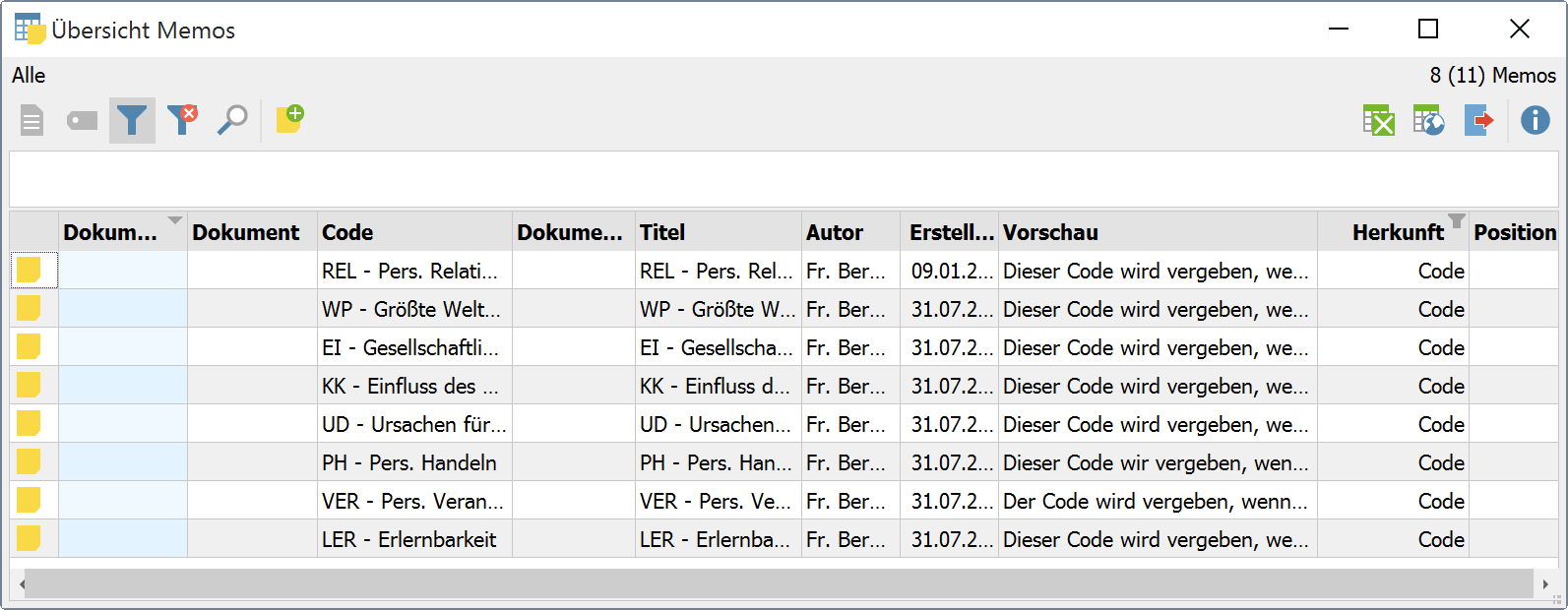 Auflistung aller Code-Memos eines Projekts Auflistung aller Code-Memos eines Projekts