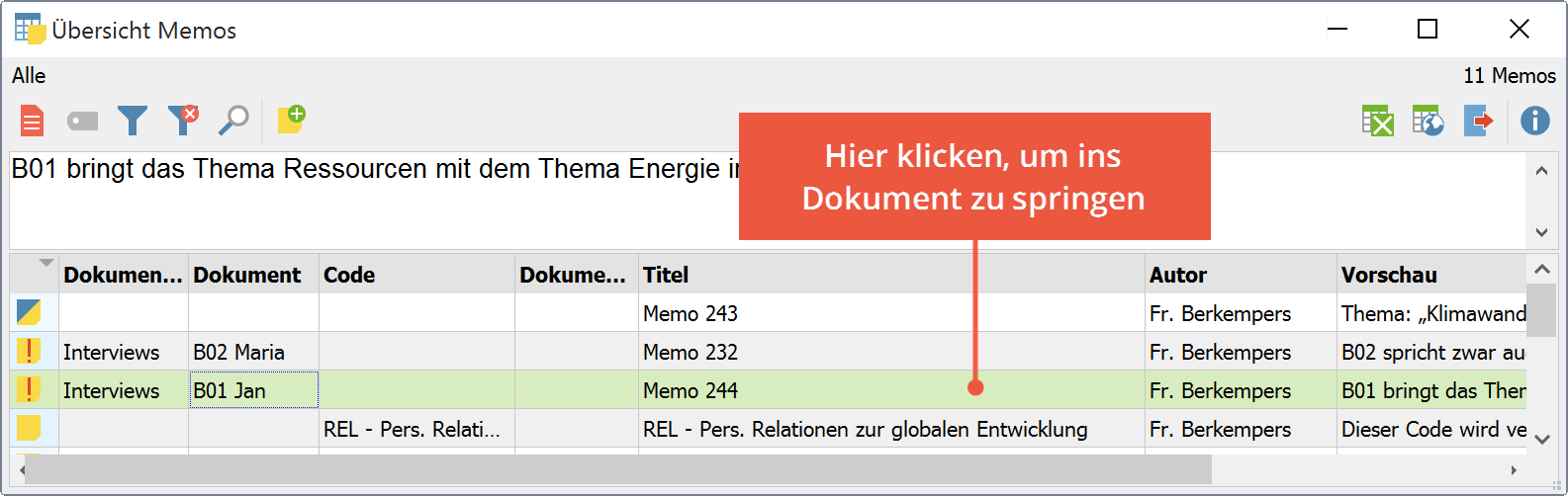 Von einem Memo in der „Übersicht Memos“ zu dessen Position im Dokument springen Von einem Memo in der „Übersicht Memos“ zu dessen Position im Dokument springen