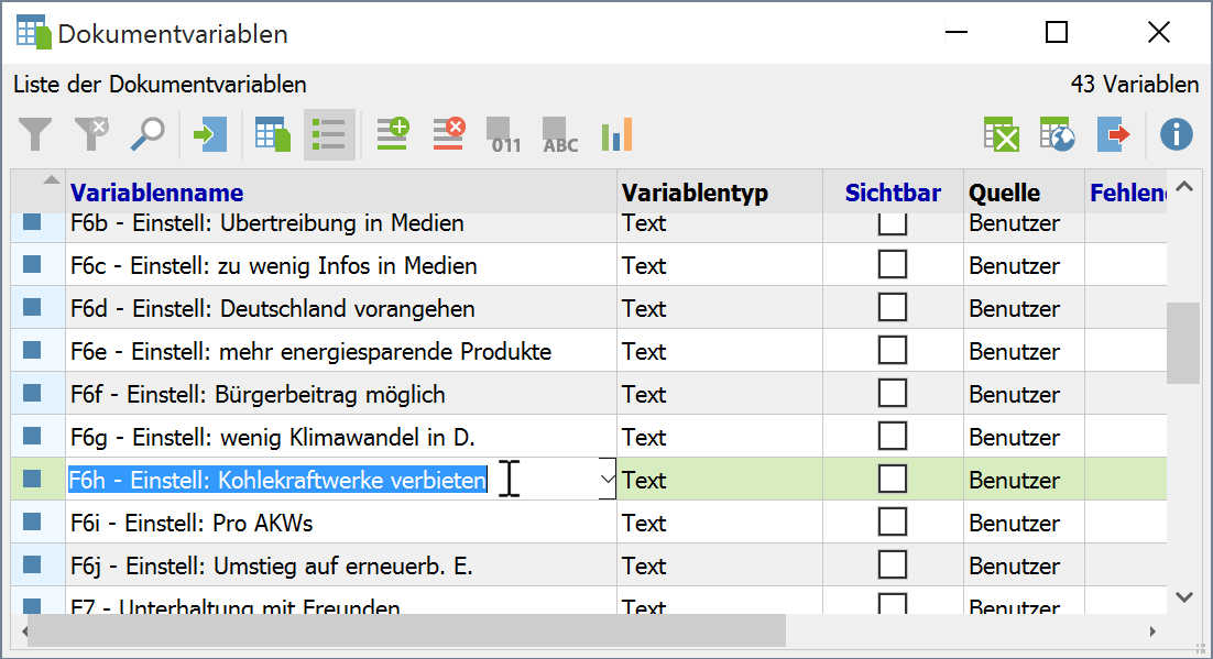 Variable in der „Liste der Dokumentvariablen“ Variable in der „Liste der Dokumentvariablen“