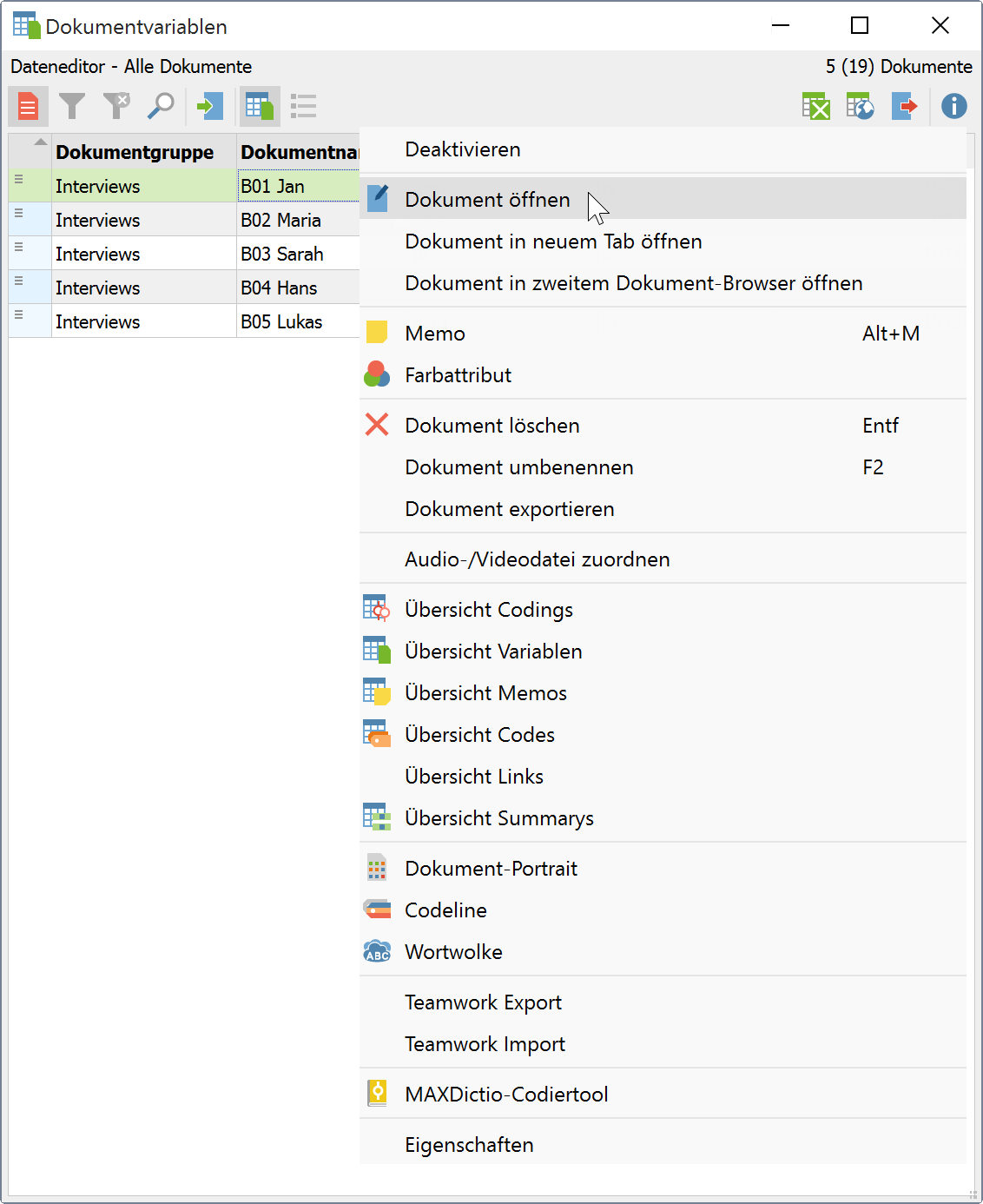 Kontextmenü im Dateneditor der Dokumentvariablen Kontextmenü im Dateneditor der Dokumentvariablen