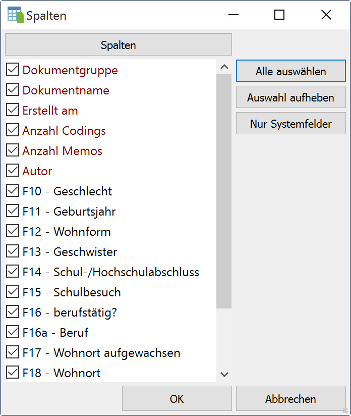 Spaltenauswahl Spaltenauswahl