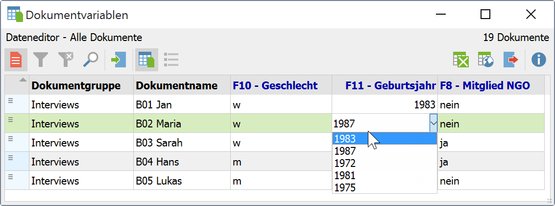 Aufgeklappte Pickliste bei der Eingabe von Variablenwerten Aufgeklappte Pickliste bei der Eingabe von Variablenwerten