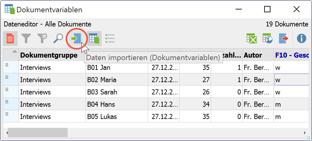 Icon zum Importieren von Daten in der „Liste der Dokumentvariablen“ Icon zum Importieren von Daten in der „Liste der Dokumentvariablen“