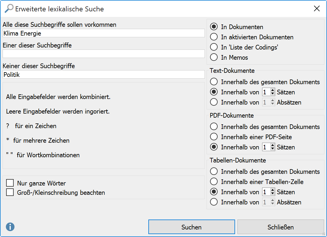 Dialog für die erweiterte lexikalische Suche Dialog für die erweiterte lexikalische Suche